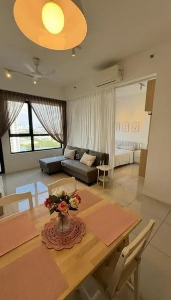 Dining features: round dining table, 4 white wooden chairs, tablecloth in light pink, decorative flower vase, woven placemats, light-colored flooring, ceiling light fixture, wall-mounted air conditioning unit; style: modern; view: city. Living features: grey fabric sofa, throw pillows, floor-to-ceiling windows, curtains in light brown, wall-mounted ceiling fan, light-colored walls, decorative artwork on walls; style: modern; view: city. Bedroom features: queen-size bed, white bedding, bedside table, wall-mounted artwork, built-in wardrobe, natural light from window; style: modern; view: city.
