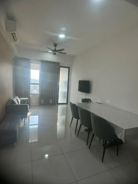 Living features: white painted walls, glossy tile flooring, 5-blade ceiling fan with light, recessed downlights, sofa, dining table with chairs, wall-mounted TV, floor-to-ceiling windows with curtains; style: modern; view: city.