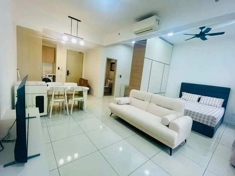 Living features: white leather 3-seater sofa, coffee table, wall-mounted TV, ceiling fan, recessed downlights, large windows, white tiled flooring, air conditioning unit; style: modern. Dining features: 4-seater dining table, white dining chairs, open-plan layout, adjacent to kitchen; style: modern. Bedroom features: queen-size bed with upholstered headboard, checkered bedding, built-in wardrobe, nightstand, white walls; style: modern.