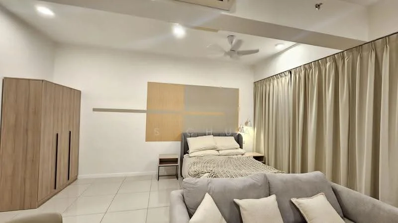 Bedroom features: queen-size bed with beige bedding, upholstered headboard, sofa in light grey fabric, wooden wardrobe with sliding doors, white painted walls, cream curtains, ceiling fan, tile flooring; style: modern.
