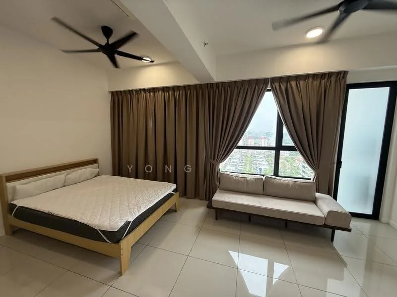 Bedroom features: king-size bed, upholstered headboard, 2-blade ceiling fan, floor-to-ceiling window, curtains in brown, tile flooring, wall-mounted TV, sofa, decorative cushions; style: modern; view: city.