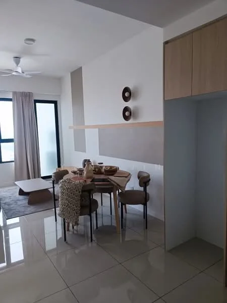 Dining features: round dining table, 4 upholstered dining chairs, decorative table setting, pendant light, floor-to-ceiling windows, sheer curtains, light-coloured walls, glossy tile flooring, ceiling fan; style: modern; view: city. Room features: built-in cabinetry, neutral colour palette.