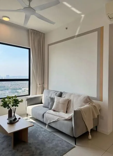 Living features: 3-seater fabric sofa in grey, decorative throw blanket, wood coffee table, area rug, floor-to-ceiling window, sheer curtains, ceiling fan, wall-mounted air conditioning unit, decorative wall paneling, houseplants in ceramic pot; style: modern; view: city.