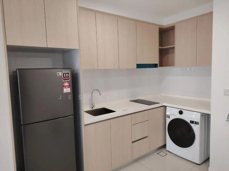 Kitchen features: light wood cabinetry, white countertop, single-bowl stainless-steel sink, chrome pull-down faucet, stainless-steel fridge, front-load washing machine, ceramic tile flooring, wall-mounted cabinets, open shelving, built-in oven, cooktop, neutral wall colour, under-cabinet lighting; style: modern.