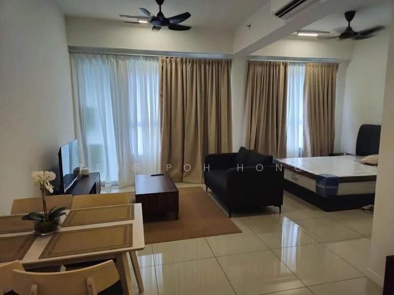 Living features: 2-seater fabric sofa in black, coffee table in wood, wall-mounted TV, dining table for 4 with beige placemats, floor-to-ceiling windows with sheer curtains, light-coloured tiled flooring, 2 ceiling fans, curtains in beige, mattress on bed frame, decorative plant on dining table; style: modern.