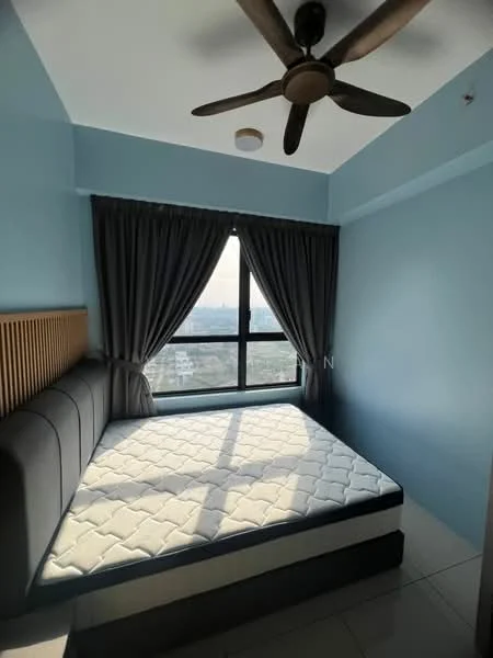 Bedroom features: queen-size bed, upholstered headboard, floor-to-ceiling window, grey curtains, 5-blade ceiling fan, light blue painted walls, glossy tile flooring, city view; style: modern; view: city.