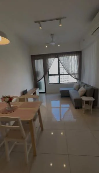 Living features: white painted walls, glossy tile flooring, 5-blade ceiling fan with light, floor-to-ceiling windows, sheer curtains, grey fabric sofa, small round side table, dining table with 2 chairs, decorative vase with flowers; style: modern; view: city.