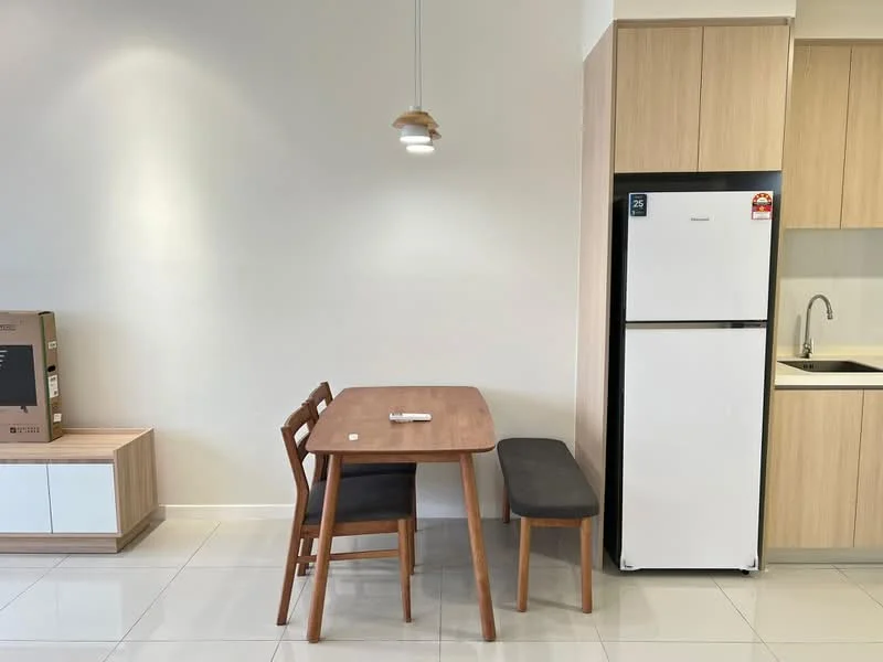Dining features: wooden dining table, 3 wooden dining chairs, bench seating, white painted walls, glossy tile flooring, recessed downlights, fridge, single-bowl stainless-steel sink, kitchen cabinetry; style: modern.