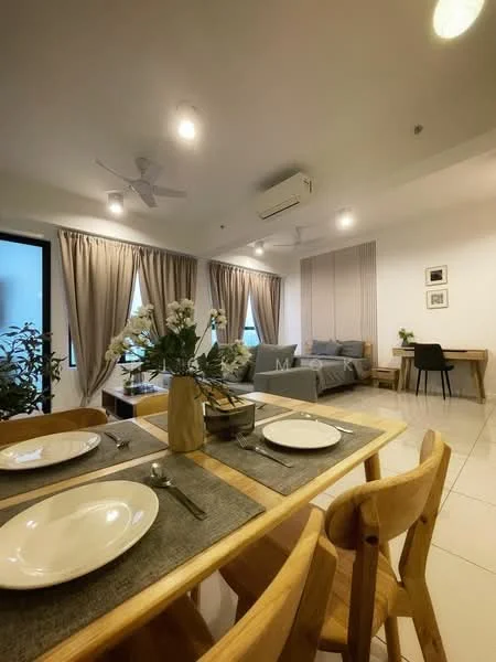Dining features: wooden dining table, 4 wooden dining chairs, grey placemats, white plates, cutlery, decorative vase with flowers, recessed LED downlights, 2 ceiling fans, large window with sheer curtains, light-coloured tiled flooring; style: modern. Living features: grey fabric sofa, decorative cushions, coffee table, wall-mounted artwork, study desk with chair, potted plant, curtains, air conditioning unit; style: modern.
