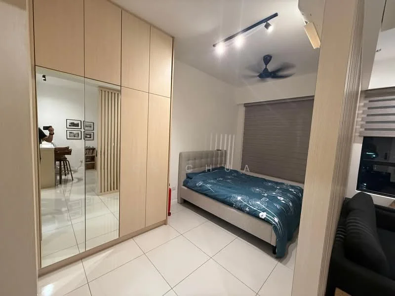 Bedroom features: queen-size bed with blue bedding, built-in wardrobe with mirrored doors, white painted walls, recessed downlights, ceiling fan, large window with blinds, tile flooring, decorative wall art; style: modern.