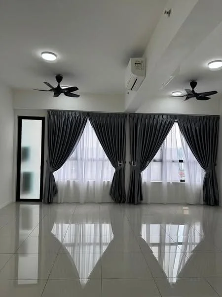 Living features: white painted walls, glossy ceramic tile flooring, 2 ceiling fans, recessed LED downlights, floor-to-ceiling windows, sheer curtains, grey blackout curtains, air conditioning unit, sliding glass door; style: modern.