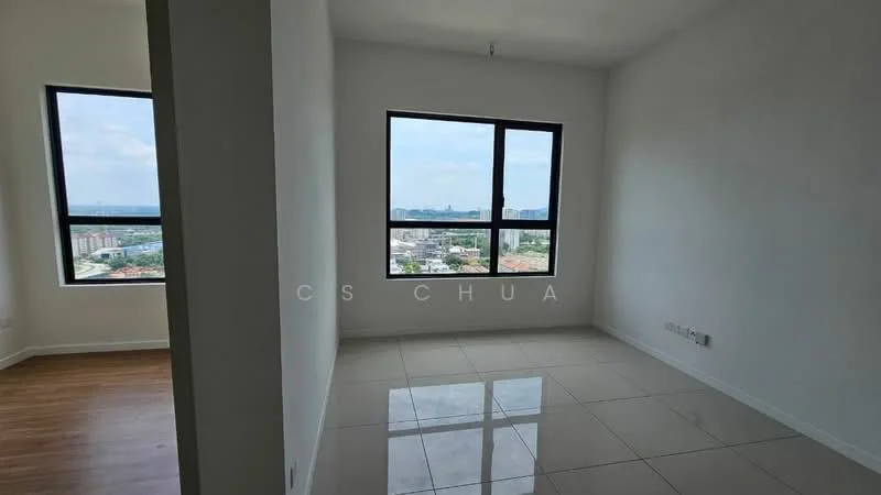 Room features: white painted walls, tile flooring, large windows, city view, natural light, neutral color scheme, high ceiling, open layout; style: modern; view: city.