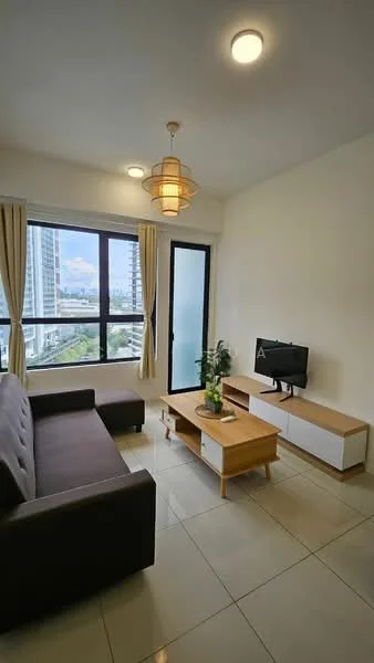 Living features: 3-seater fabric sofa in dark brown, wooden coffee table, TV console with storage, wall-mounted TV, floor-to-ceiling windows, sheer curtains, light-colored walls, tile flooring, ceiling light fixture, indoor plant in ceramic pot; style: modern; view: city.