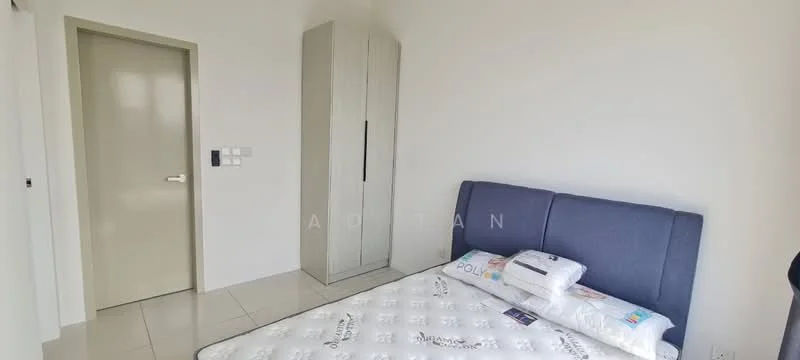 Bedroom features: queen-size bed, upholstered headboard, white bedding, built-in wardrobe, light grey walls, white tiled flooring, single door, window with natural light; style: modern.