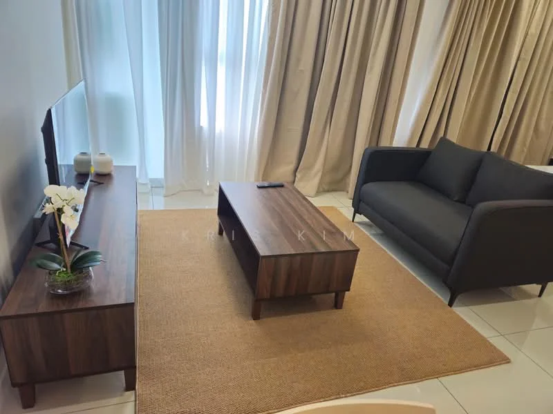 Living features: grey fabric sofa, wooden coffee table, TV console, wall-mounted TV, area rug, floor-to-ceiling windows, sheer curtains, decorative plant, light-colored walls, ceramic tile flooring; style: modern.
