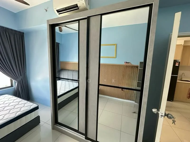 Bedroom features: mirrored sliding wardrobe, blue painted walls, wood panel accent wall, white ceiling, ceiling-mounted air conditioning unit, window with sheer curtains, tile flooring, queen-size bed frame, mattress on bed frame; style: modern.