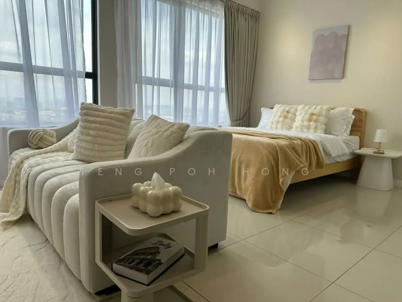 Bedroom features: queen-size bed with beige bedding, upholstered headboard, 2 bedside lamps, white fabric sofa, decorative cushions, side table with decorative items, floor-to-ceiling windows, sheer curtains, cream wall paint, tile flooring, area rug, decorative wall art; style: modern; view: city.