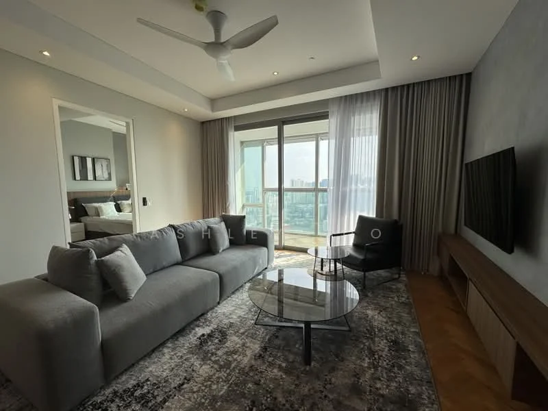 Living features: 3-seater fabric sofa in grey, glass coffee table, area rug with geometric pattern, wall-mounted TV, TV console, floor-to-ceiling windows, curtains, ceiling fan with light, wooden flooring, decorative wall panel, decorative artwork; style: modern; view: city.