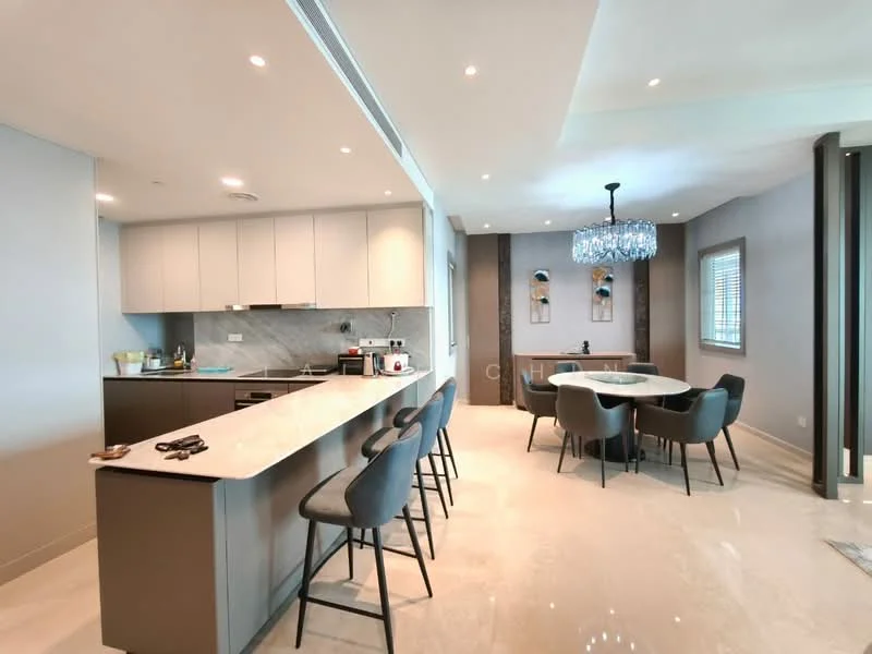 Kitchen features: white cabinetry, grey marble backsplash, stainless-steel appliances, single-bowl stainless-steel sink, chrome pull-down faucet, island with seating, quartz countertop, built-in oven, freestanding range oven, microwave, recessed downlights, pendant light, polished marble flooring; style: modern. Dining features: round dining table, upholstered dining chairs, chandelier, decorative wall art, window with blinds, polished marble flooring; style: modern.