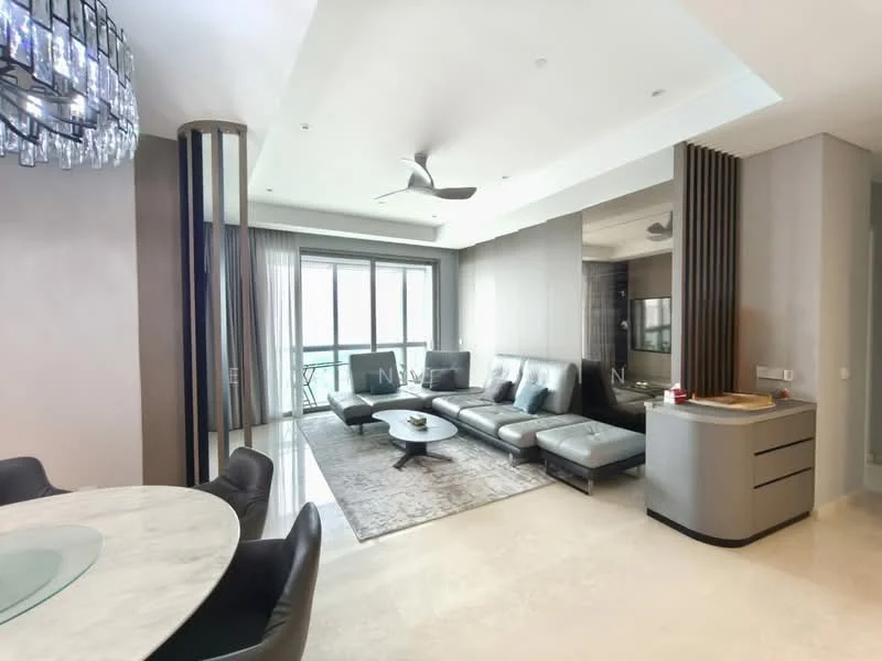 Living features: L-shape sectional sofa in grey, coffee table, area rug with geometric pattern, wall-mounted TV, floor-to-ceiling windows, curtains, 5-blade ceiling fan with light, marble flooring, decorative mirror, wall paneling, recessed downlights; style: modern; view: city. Dining features: round dining table, upholstered dining chairs, glass tabletop; style: modern.