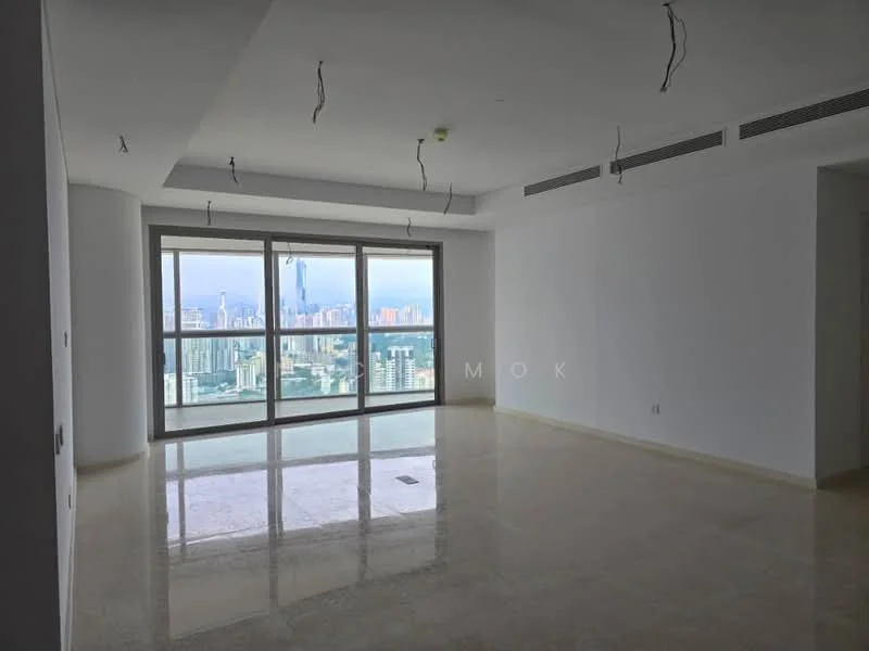 Living features: floor-to-ceiling windows, white painted walls, marble flooring, recessed downlights, exposed ceiling wiring, city skyline view; style: modern; view: city.