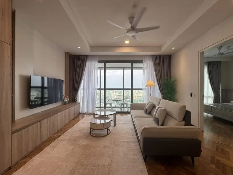 Living features: 3-seater fabric sofa in light grey, coffee table with round top, TV console with built-in storage, wall-mounted flat-screen TV, floor-to-ceiling windows, curtains in light fabric, ceiling fan with light, wooden flooring with herringbone pattern, decorative floor lamp, area rug in neutral color, greenery in ceramic pot; style: modern; view: city.
