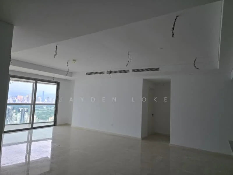 Room features: white painted walls, polished marble flooring, tray ceiling, floor-to-ceiling windows, city skyline view, exposed electrical wiring, air conditioning vents, neutral color palette; style: modern; view: city.