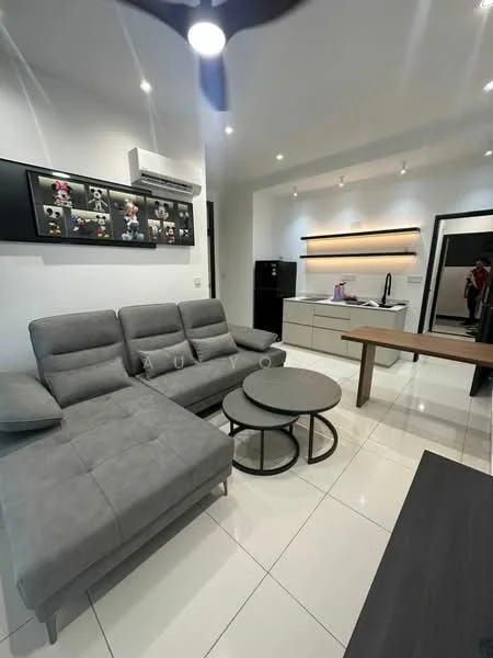 Living features: grey fabric L-shape sectional sofa, round coffee table, white tiled flooring, recessed LED downlights, wall-mounted air conditioning unit, framed artwork on wall, black cabinetry, kitchen island, black refrigerator, wooden dining table, open layout to kitchen; style: modern.