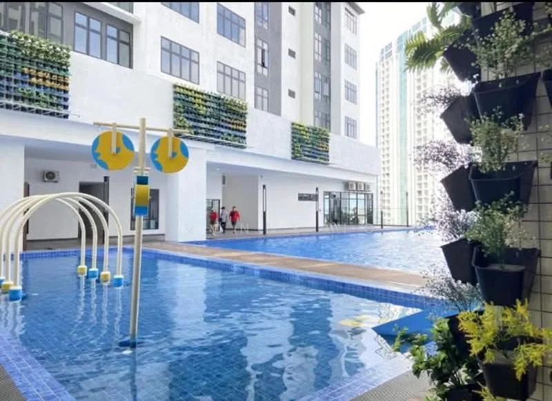Exterior type: swimming pool deck; features: infinity pool, children's splash area with water features, blue mosaic tile flooring, surrounding greenery with vertical planters, pool deck with loungers, glass railing, sunny outdoor area, modern architectural design; style: contemporary.