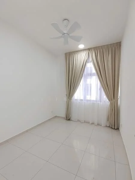 Room features: white painted walls, tile flooring, 5-blade ceiling fan, floor-to-ceiling window, sheer curtains, curtains in beige, natural light from window, neutral color scheme; style: minimalist.