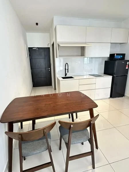 Kitchen features: white cabinetry, black faucet, single-bowl stainless-steel sink, white countertop, built-in oven, black fridge, ceramic tile flooring, wall-mounted cabinets, dining table, 2 wooden chairs; style: modern.