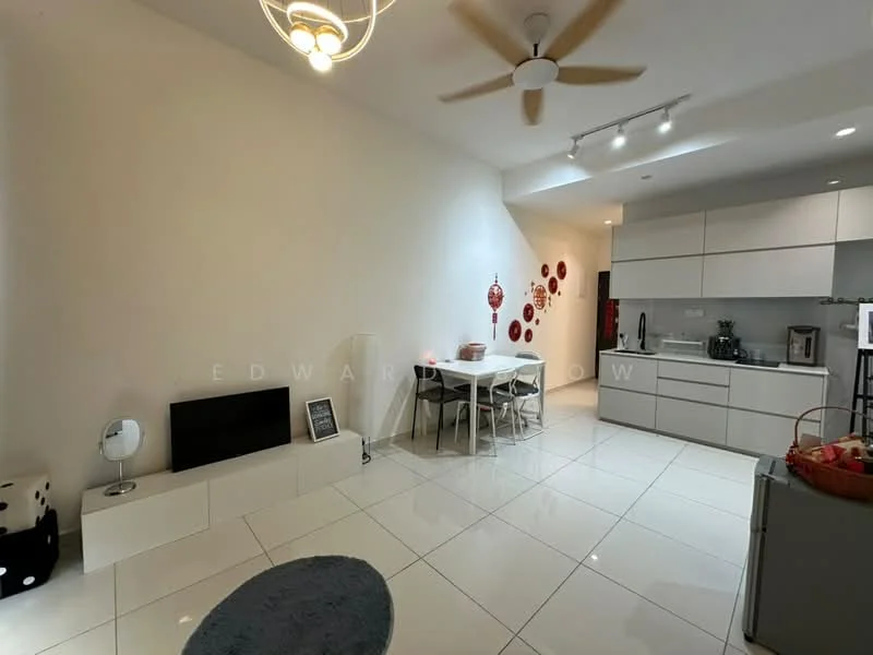 Living features: white painted walls, glossy white tile flooring, 5-blade ceiling fan with light, recessed downlights, wall-mounted TV, white cabinetry, grey dining table with four chairs, black TV console, decorative wall art, kitchen area with countertop, stainless-steel appliances; style: modern.