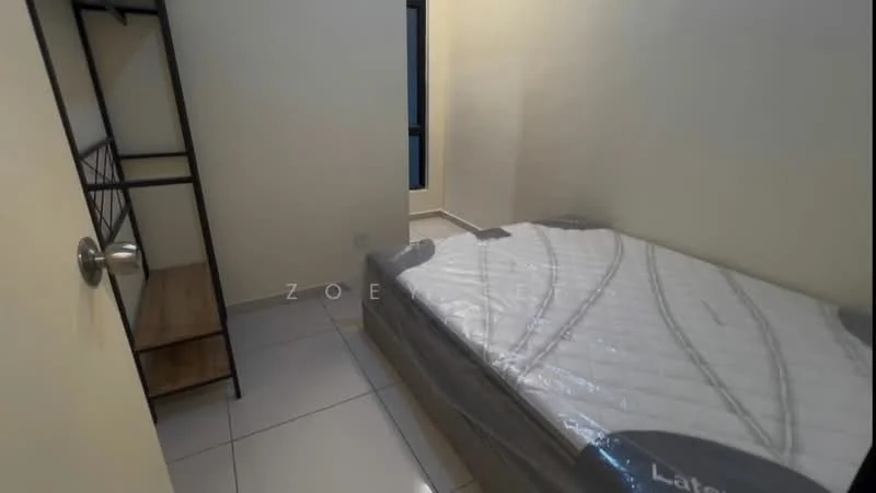 Bedroom features: single bed with mattress, white walls, tile flooring, window with natural light, metal shelving unit, wooden shelf, neutral color scheme, minimalist decor; style: modern.