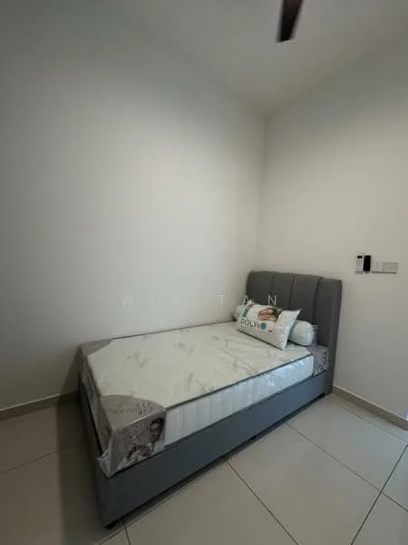 Bedroom features: single bed, upholstered headboard, white painted walls, tile flooring, ceiling fan, bedside table, decorative pillows, light-colored bedding; style: modern.