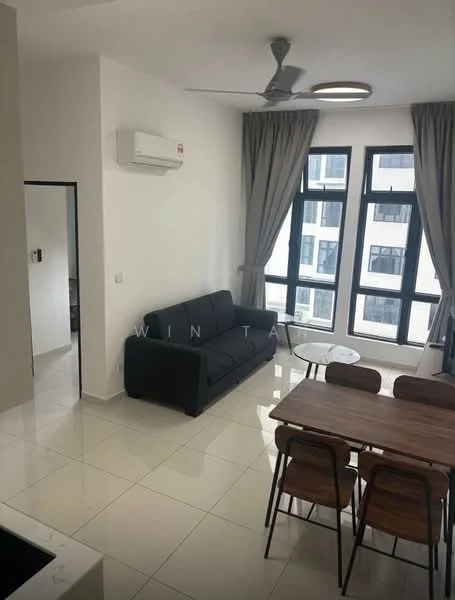 Living features: 3-seater fabric sofa in black, round glass coffee table, 6-seater dining table with wooden chairs, floor-to-ceiling windows, grey curtains, 1 wall-mounted split AC, recessed ceiling lights, white painted walls, glossy tile flooring; style: modern; view: city.