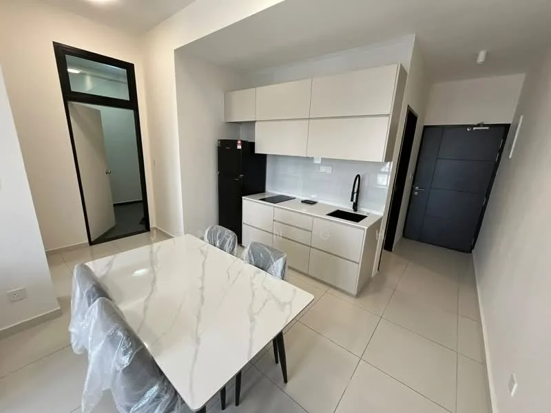 Kitchen features: white cabinetry, black countertop, single-bowl stainless-steel sink, chrome pull-down faucet, built-in stove, built-in oven, black refrigerator, marble-patterned dining table, 4 black dining chairs, tile flooring, recessed downlights, open layout, neutral wall color; style: modern. Room features: doorway leading to hallway, light-colored walls, tile flooring.