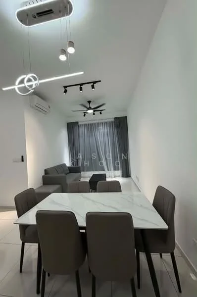 Dining features: marble dining table, upholstered dining chairs in grey, 5-blade ceiling fan with light, recessed LED downlights, floor-to-ceiling windows with sheer curtains, grey fabric sofa, white painted walls, tile flooring; style: modern.