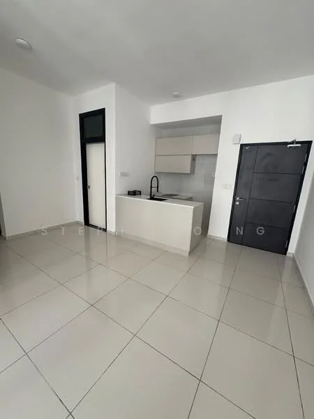 Living features: white painted walls, glossy ceramic tile flooring, recessed downlights, kitchen island with countertop, black faucet, built-in cabinetry, open layout, floor-to-ceiling windows, single door, black door, neutral color scheme; style: modern.