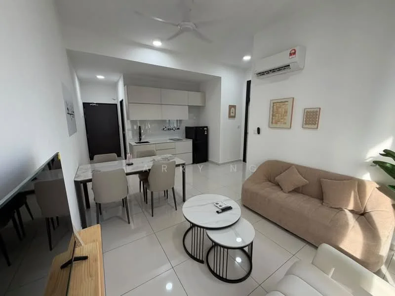 Living features: cream upholstered sofa, 2 beige cushions, round coffee table with black metal base, flat-screen TV on wooden console, white tiled flooring, ceiling fan, wall-mounted air conditioning unit, decorative wall art, indoor plant in ceramic pot; style: modern. Dining features: 6-seater dining table, upholstered dining chairs in beige, white tabletop, black metal legs; style: modern. Kitchen features: white cabinetry, built-in oven, stainless-steel fridge, ceramic cooktop, kitchen countertop, sink, open shelving; style: modern.