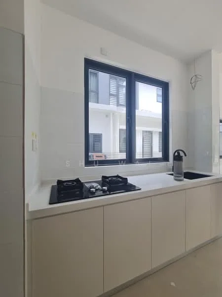 Kitchen features: white cabinetry, black countertop, double-burner gas hob, stainless-steel sink, gooseneck faucet, large window with black frame, grey tiled backsplash, pendant light fixture; style: modern; view: courtyard.