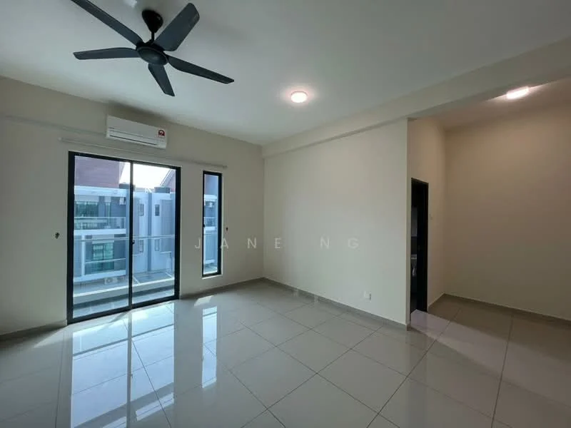 Room features: white painted walls, glossy ceramic tile flooring, 5-blade ceiling fan, wall-mounted split AC, floor-to-ceiling windows, sliding glass door, recessed downlights, neutral color scheme; style: modern.