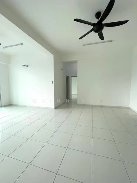 Room features: white painted walls, white ceiling, polished ceramic tile flooring, 2 ceiling lights, 1 ceiling fan, large open space, no visible furniture, neutral color scheme; style: modern.