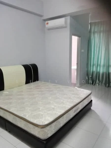 Bedroom features: queen-size bed, upholstered headboard, 1 wall-mounted split AC, floor-to-ceiling window with green curtains, white painted walls, glossy tile flooring, door leading to another room, mattress on bed frame; style: modern.