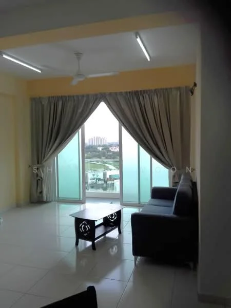 Living features: floor-to-ceiling windows, sliding glass door, curtains, 3-blade ceiling fan, light-colored walls, white tiled flooring, black coffee table, dark-colored sofa, decorative wall, view of the city skyline; style: modern; view: city.