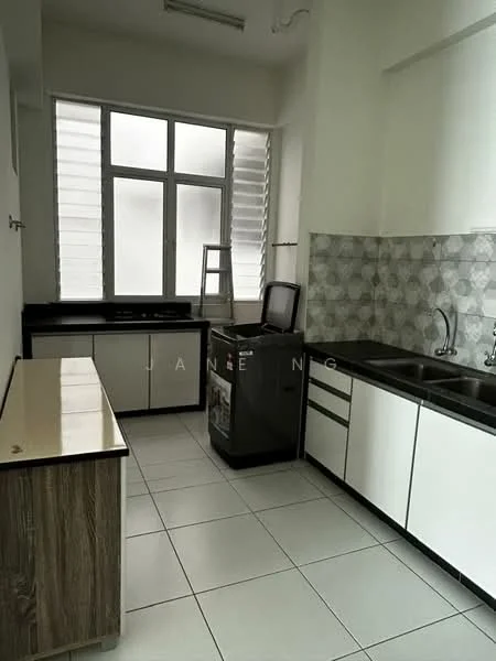Kitchen features: white cabinetry, black countertop, stainless-steel fridge, single-bowl stainless-steel sink, chrome pull-down faucet, grey patterned backsplash, tile flooring, window with horizontal blinds, wooden cabinet, built-in oven, microwave, kitchen island; style: modern.