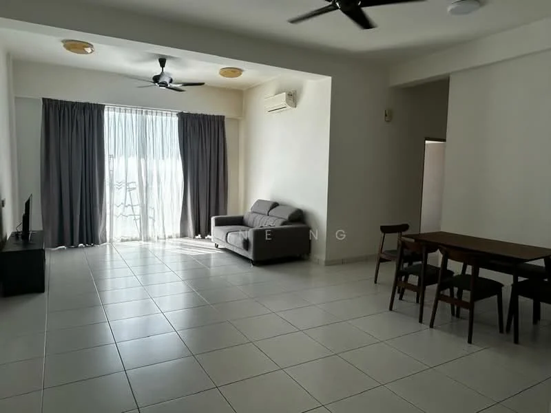 Living features: white painted walls, tile flooring, 2 ceiling fans, floor-to-ceiling windows, sheer curtains, grey fabric sofa, wooden dining table, 4 wooden dining chairs, TV console, wall-mounted TV, air conditioning unit; style: modern; view: city.