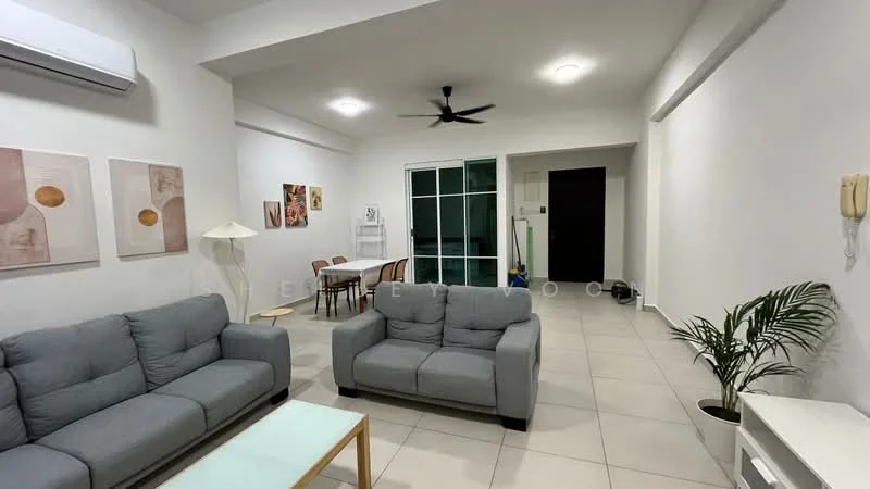 Living features: 2-seater fabric sofa in grey, 3-seater fabric sofa in grey, coffee table with light wood top, ceiling fan with light, wall-mounted split AC, white painted walls, tile flooring, decorative artwork on walls, houseplants in ceramic pots, area rug with geometric pattern; style: modern. Dining features: 4-seater dining table, white dining chairs, white painted walls, tile flooring; style: modern.