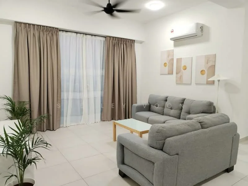 Living features: 3-seater fabric sofa in grey, 2-seater fabric sofa in grey, coffee table with wooden legs, floor lamp, potted plant, white walls, light grey curtains, ceiling fan with light, wall-mounted split AC, tile flooring; style: modern.