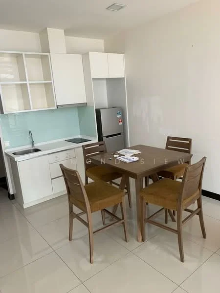 Kitchen features: white cabinetry, light blue backsplash, single-bowl stainless-steel sink, chrome pull-down faucet, built-in fridge, 4-seater dining table, wooden dining chairs, ceramic tile flooring, recessed downlights; style: modern.