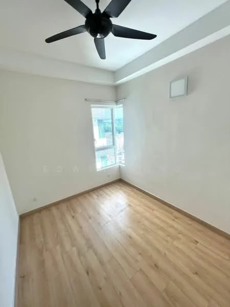 Bedroom features: light wood laminate flooring, white painted walls, 5-blade ceiling fan, floor-to-ceiling window, window with sheer curtains, recessed ceiling light, corner wall-mounted light fixture; style: modern; view: garden.